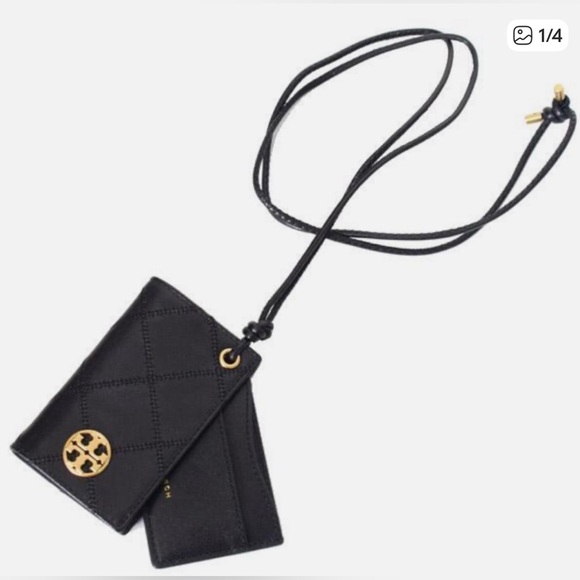 Tory Burch Willa Black Quilted Card Lanyard Holder with Gold Logo - Picture 2 of 4